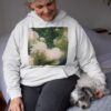 Woman Wearing Hoodie Petting Dog - White
