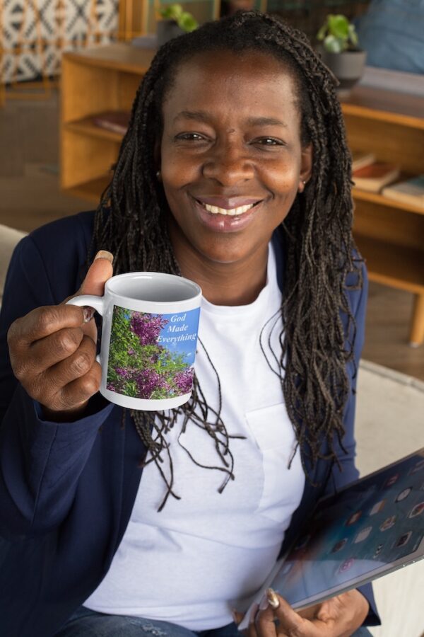 Woman Holding Mug Smiling - Bitney Adventures God Made Everything Mug
