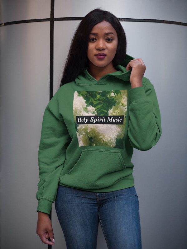 Bitney Adventures - Holy Spirit Music – Oasis Premium Hoodie With Text - Woman Posing Wearing Hoodie - Forest Green