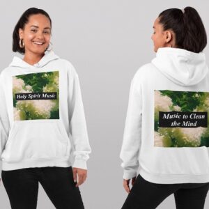 Bitney Adventures - Holy Spirit Music – Oasis Premium Hoodie With Text - Woman Posing Wearing Hoodie Front and Back - White