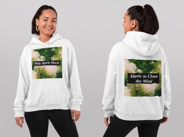 Bitney Adventures - Holy Spirit Music – Oasis Premium Hoodie With Text - Woman Posing Wearing Hoodie Front and Back - White