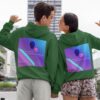 Bitney Adventures - Holy Spirit Music – The Marriage of Heaven and Earth Premium Hoodie With Text - Couple Wearing Hoodies Outside - Back - Forest Green