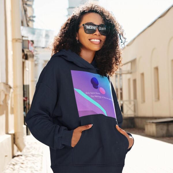 Bitney Adventures - Holy Spirit Music – The Marriage of Heaven and Earth Premium Hoodie With Text - Woman Posing Outside with Hands in Pockets Wearing Hoodie - Navy Blazer