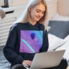 Bitney Adventures - Holy Spirit Music – The Marriage of Heaven and Earth Premium Hoodie With Text - Woman Sitting Using Laptop Wearing Hoodie - Navy Blazer